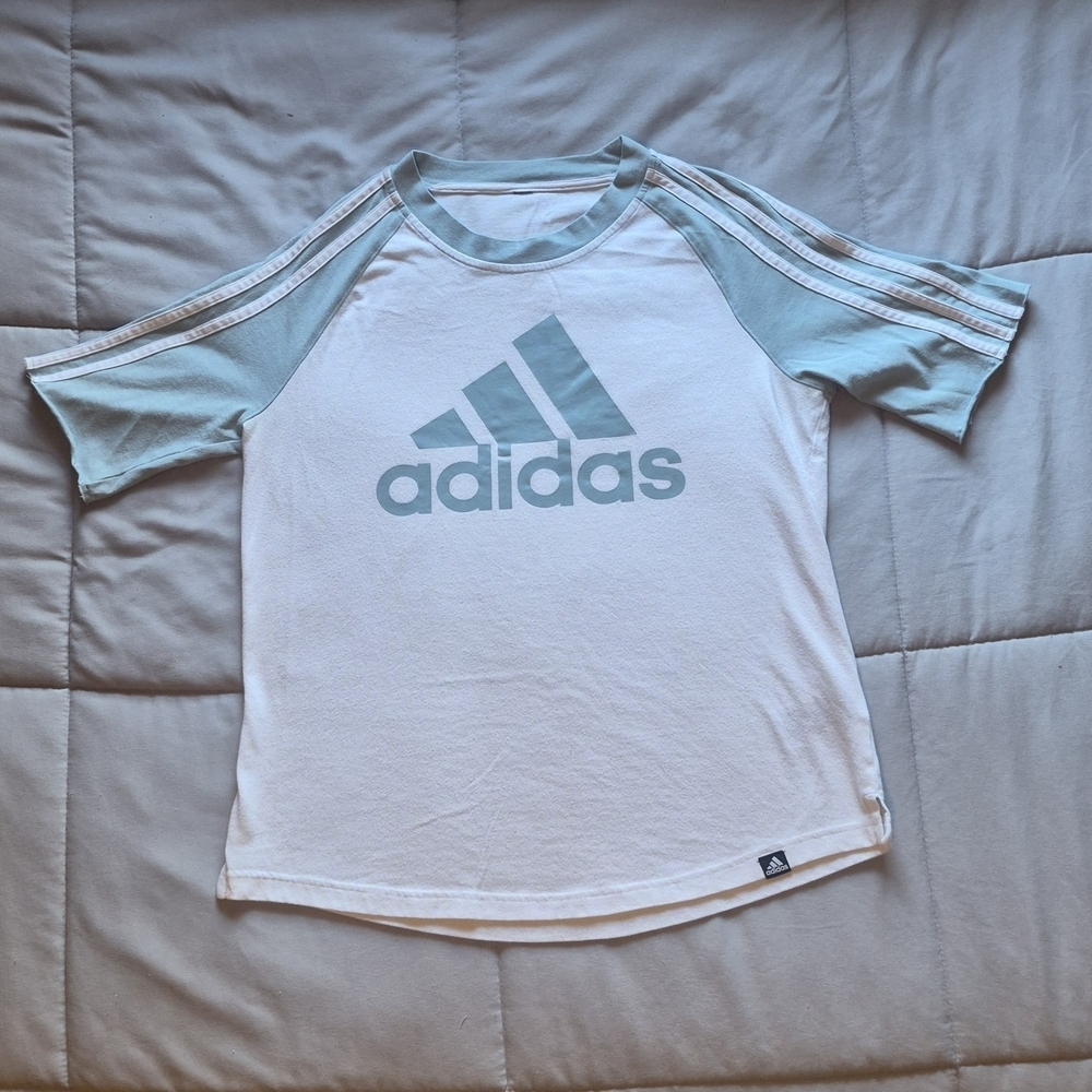 Adidas Women’s Logo Tee White & Light Blue Athletic Top Medium